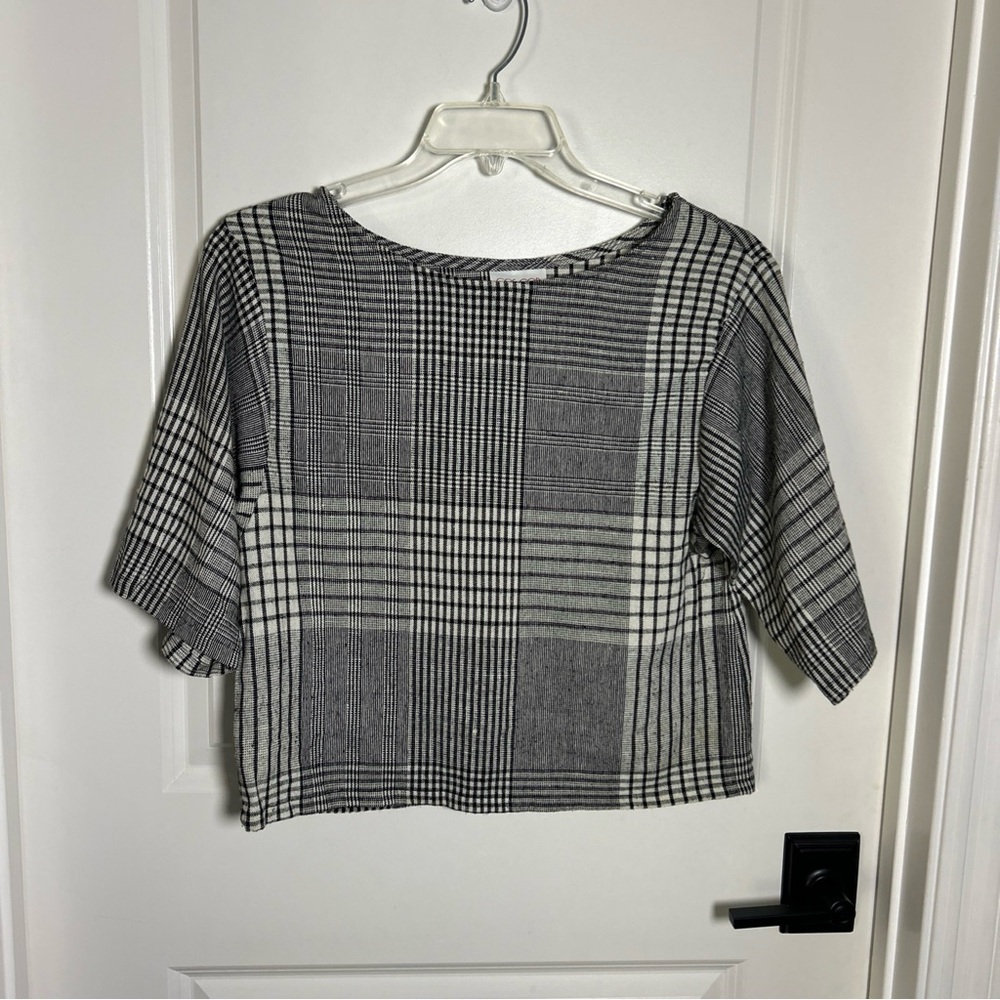 Vintage COS COB Black White Plaid Boxy 3/4 Sleeve Top Sz S Retro Secretary Geek